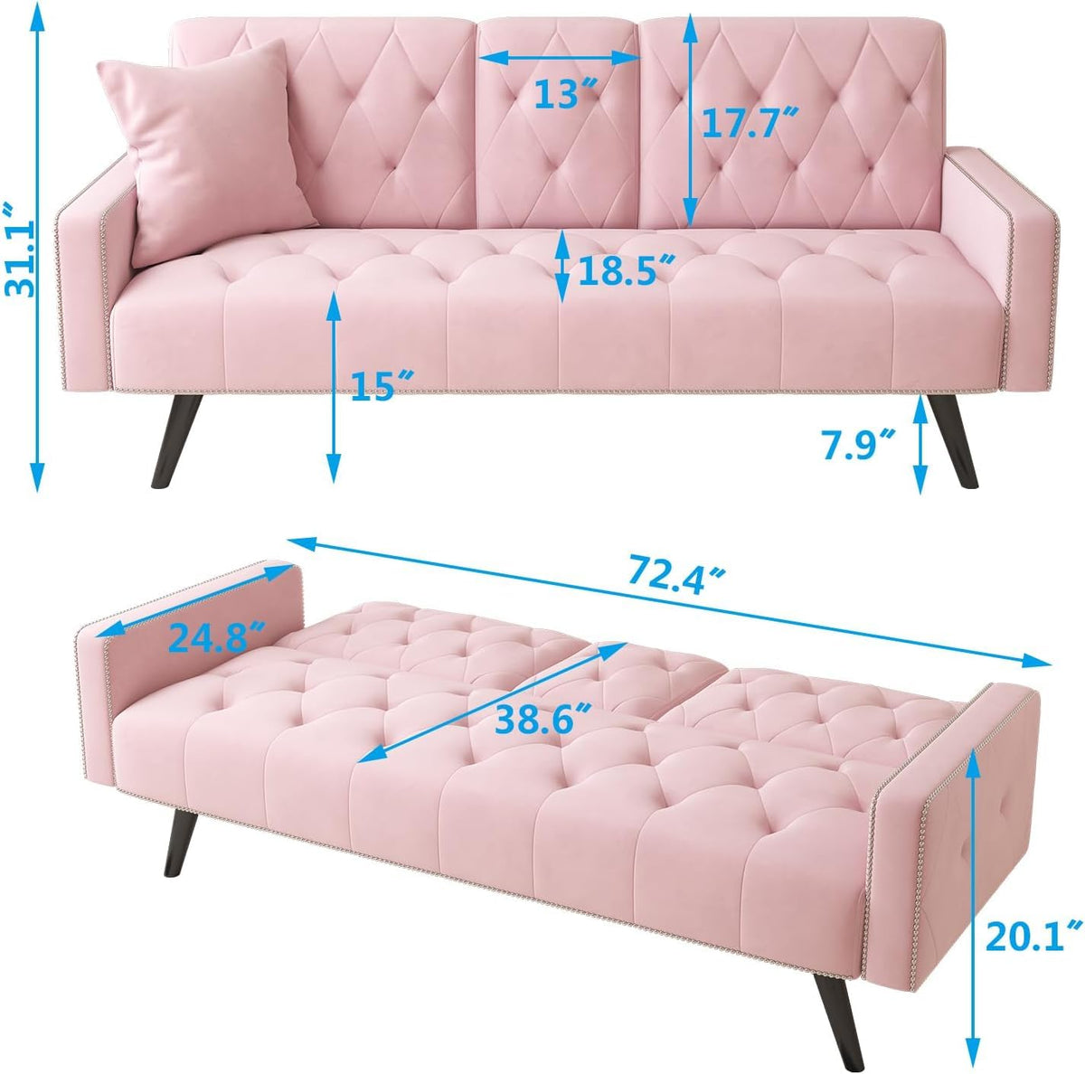 Pink Velvet Futon Couch Bed with Cup Holder B137377
