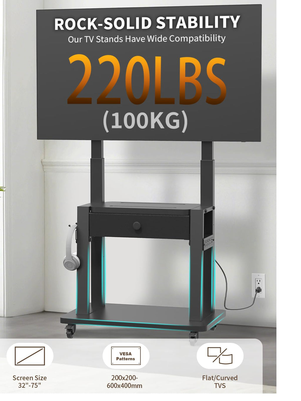 Black Rolling TV Stand with Power Outlet for 32-75 Inch Screens X421869
