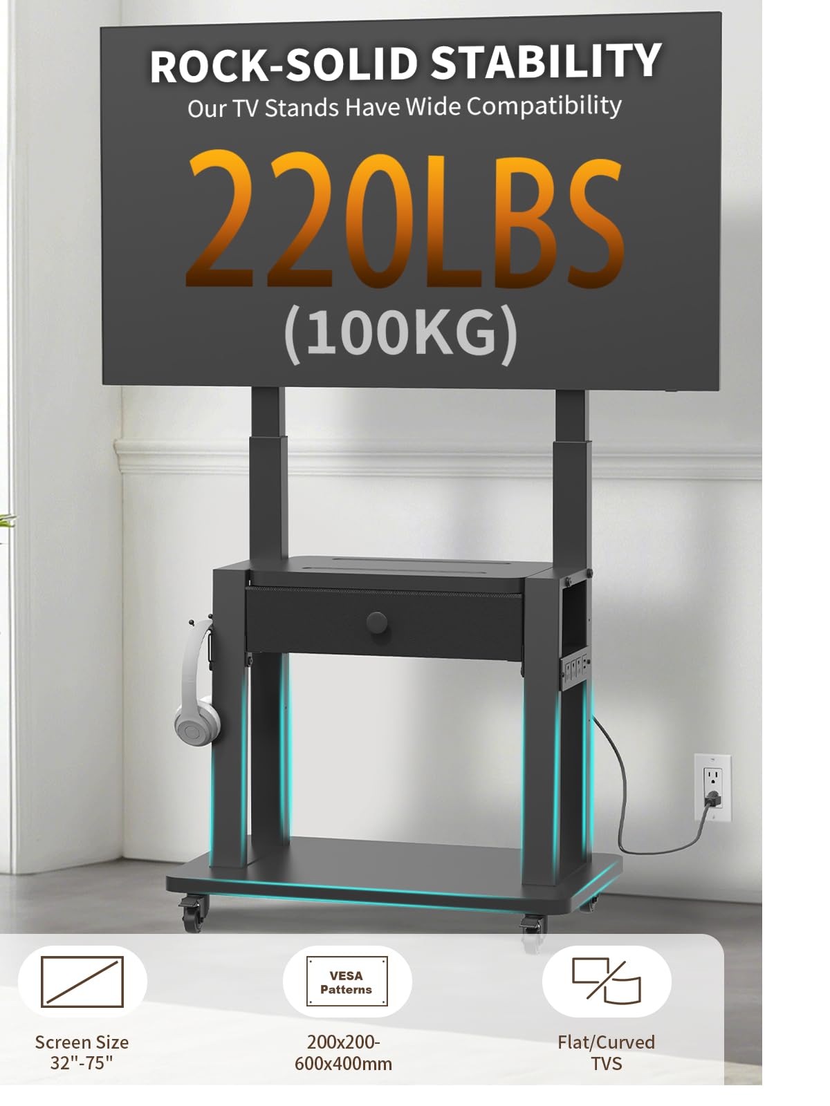 Black Rolling TV Stand with Power Outlet for 32-75 Inch Screens X421869