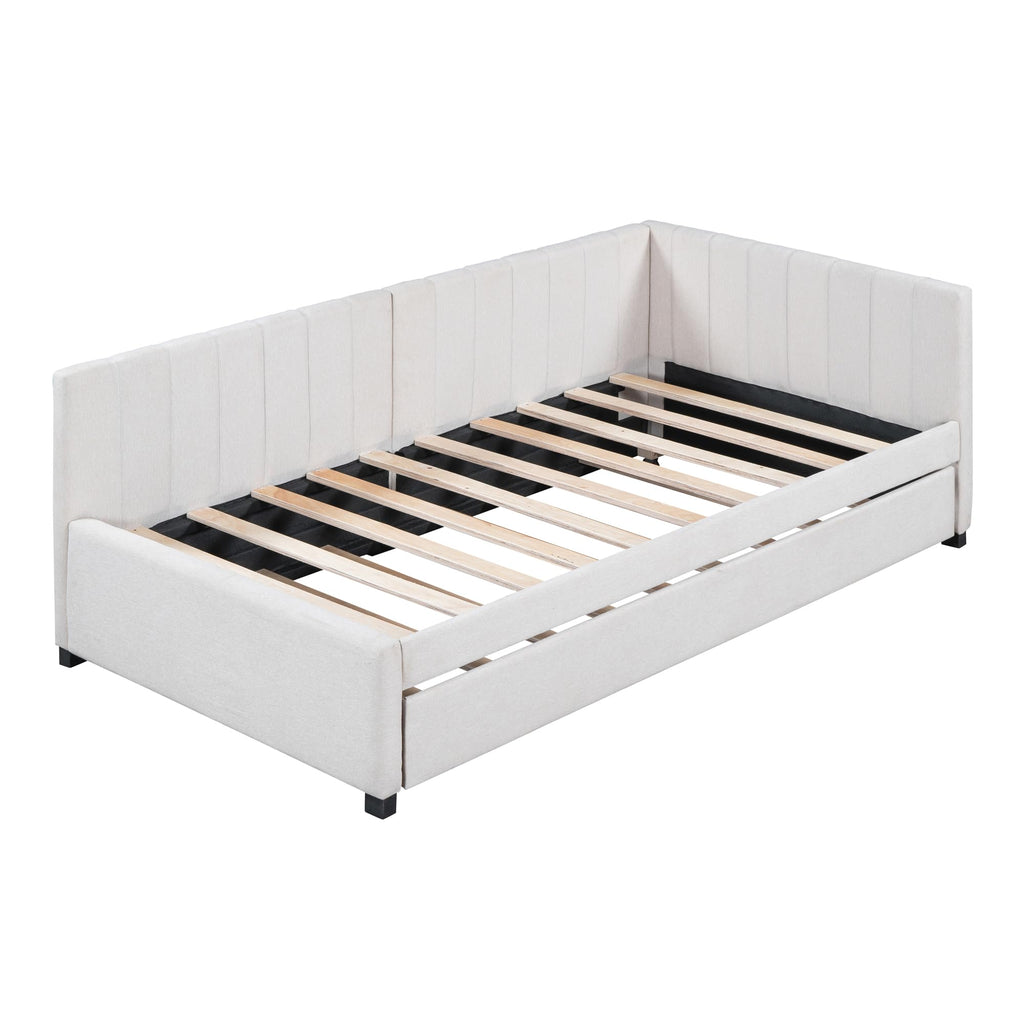 Beige Linen Twin Size Upholstered Daybed with Trundle Q758