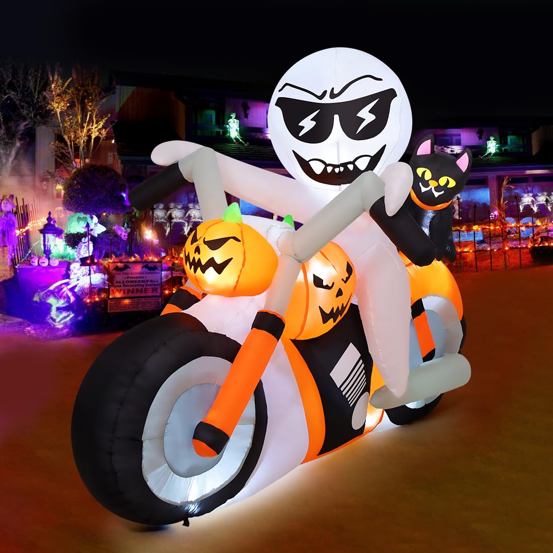 6 FT Halloween Inflatables Ghost Pumpkin Cat Motorcycle with Built-in LEDs B59336