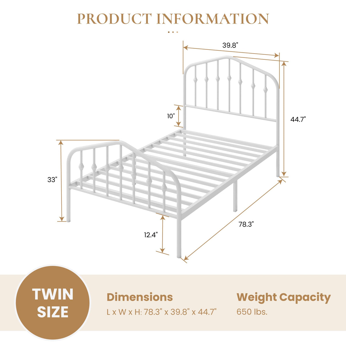 Twin Size White Metal Bed Frame with Wrought Iron-Art Headboard N720
