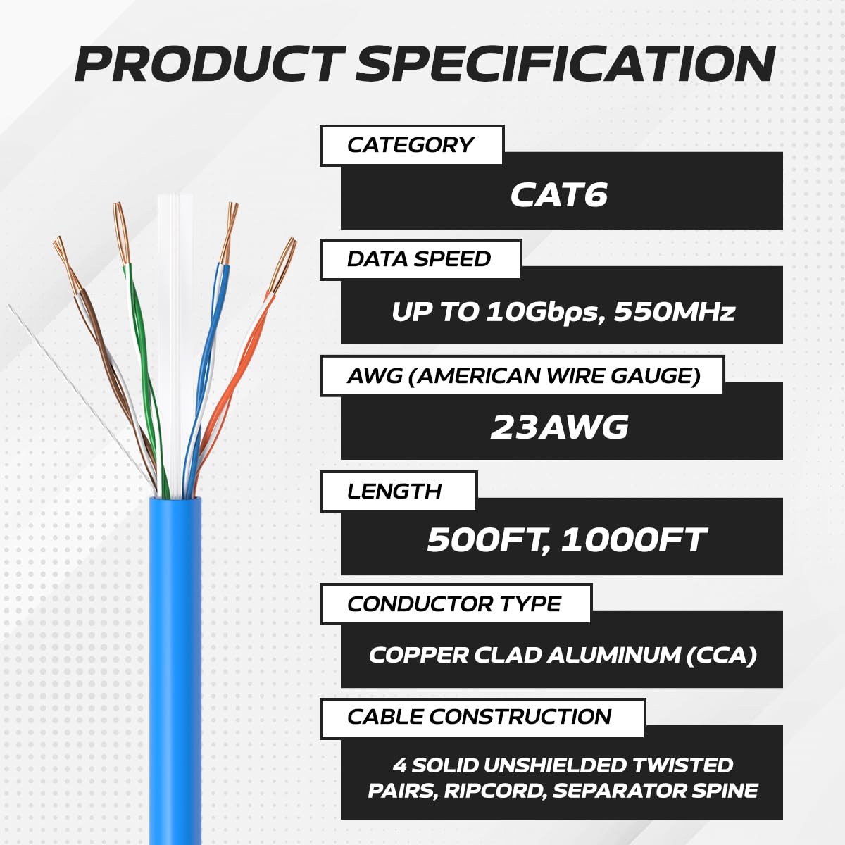 CAT6 Cable 1000ft Solid Ethernet LAN UTP Cable 23AWG 550Mhz RJ45 CCA Wire Blue N787