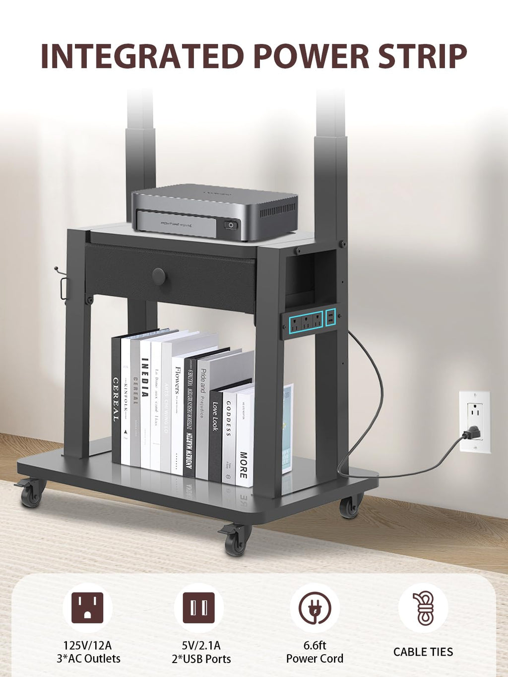Black Rolling TV Stand with Power Outlet for 32-75 Inch Screens X421869