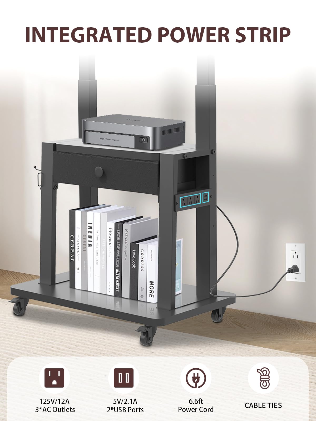 Black Rolling TV Stand with Power Outlet for 32-75 Inch Screens X421869
