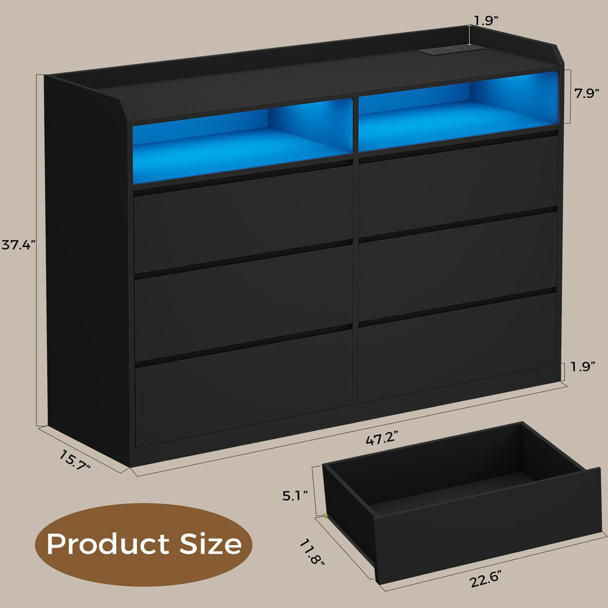 Black Dresser with LED Lights and Power Strip K776369