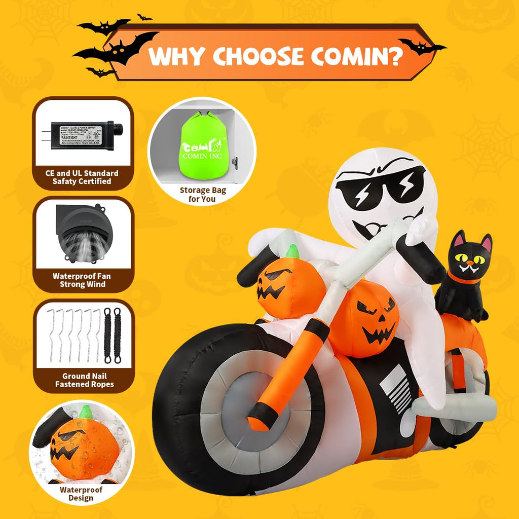 6 FT Halloween Inflatables Ghost Pumpkin Cat Motorcycle with Built-in LEDs B59336