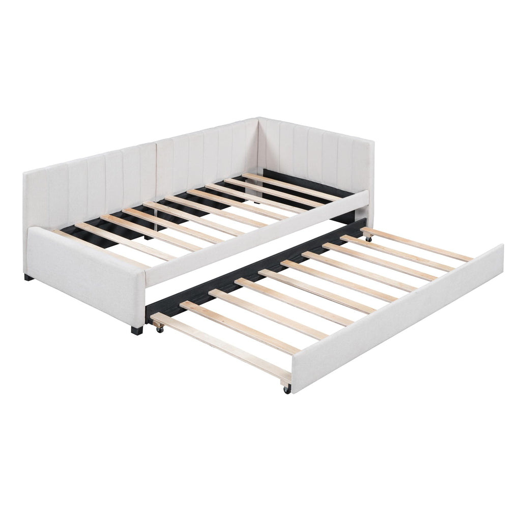 Beige Linen Twin Size Upholstered Daybed with Trundle Q758