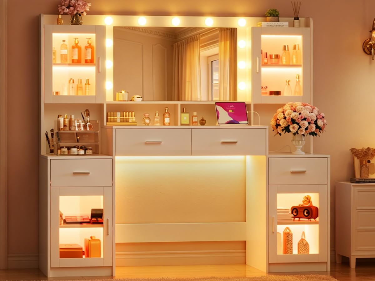 Large White Vanity Desk with Mirror and Lights C953