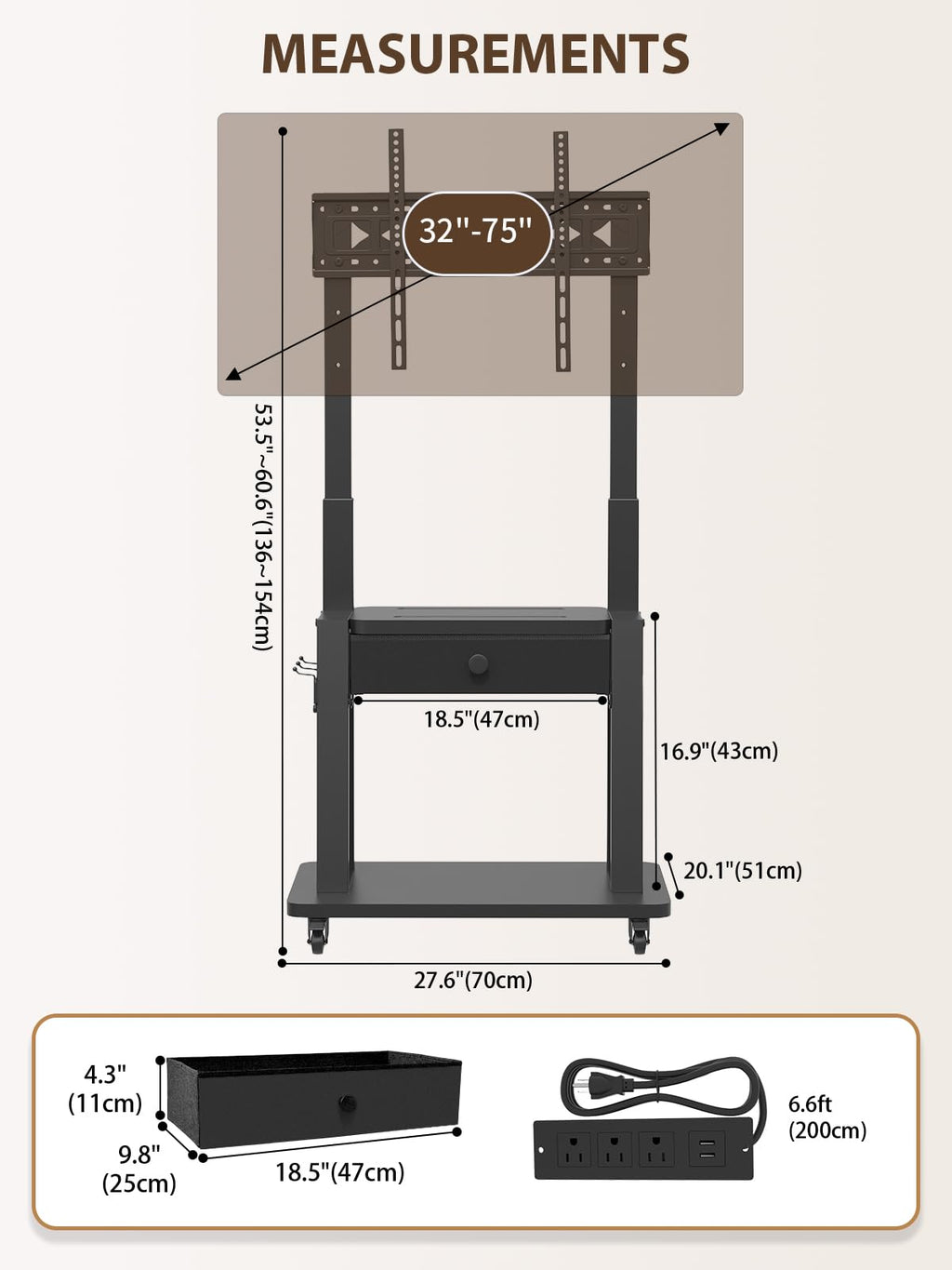 Black Rolling TV Stand with Power Outlet for 32-75 Inch Screens X421869