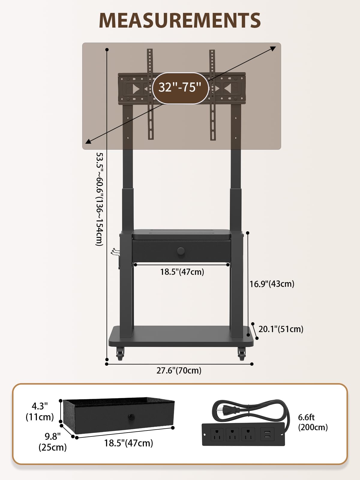 Black Rolling TV Stand with Power Outlet for 32-75 Inch Screens X421869