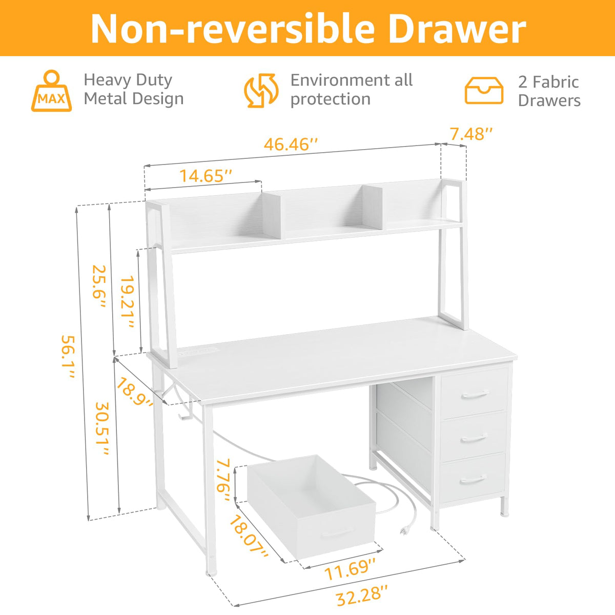 White Computer Desk with Hutch & Drawers 47 Inch R872
