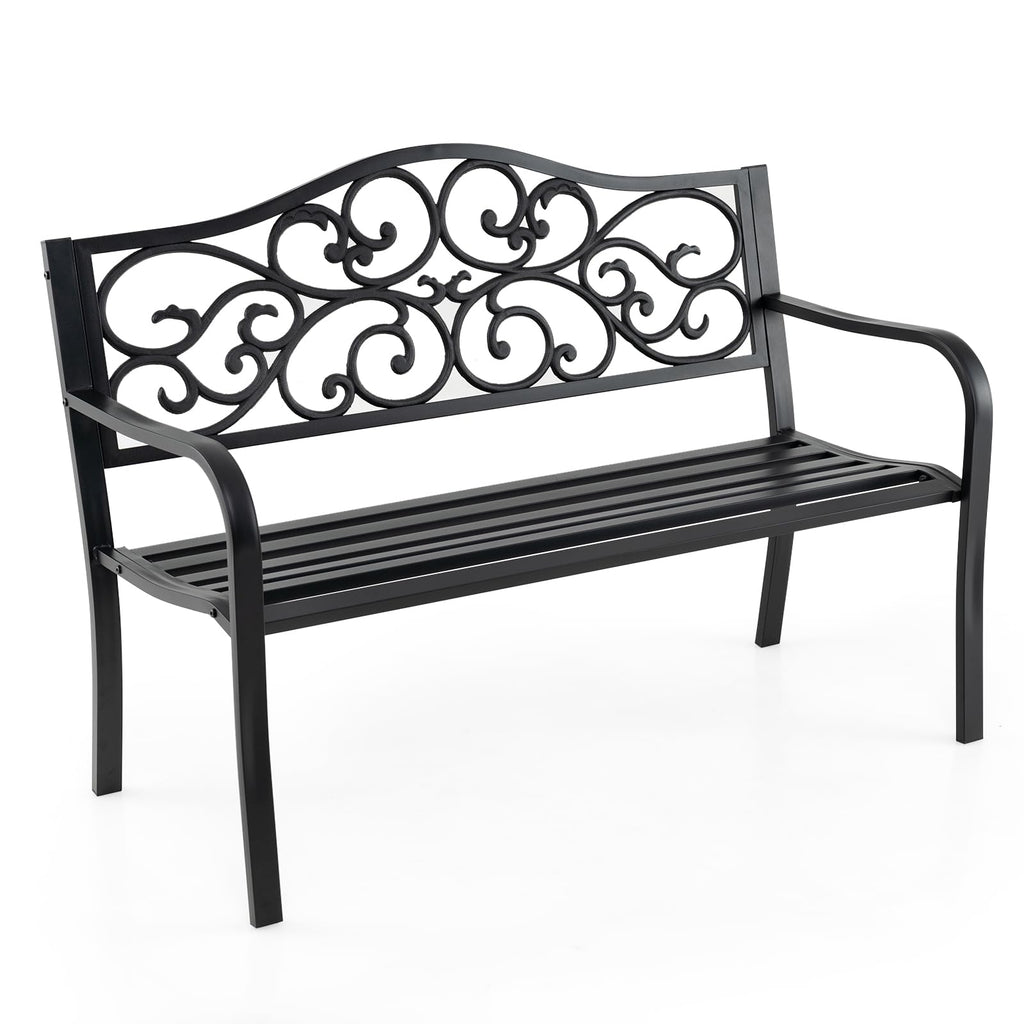 50 Inches Black Cast Iron Metal Patio Bench with Floral Backrest S5745