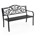 50 Inches Black Cast Iron Metal Patio Bench with Floral Backrest S5745