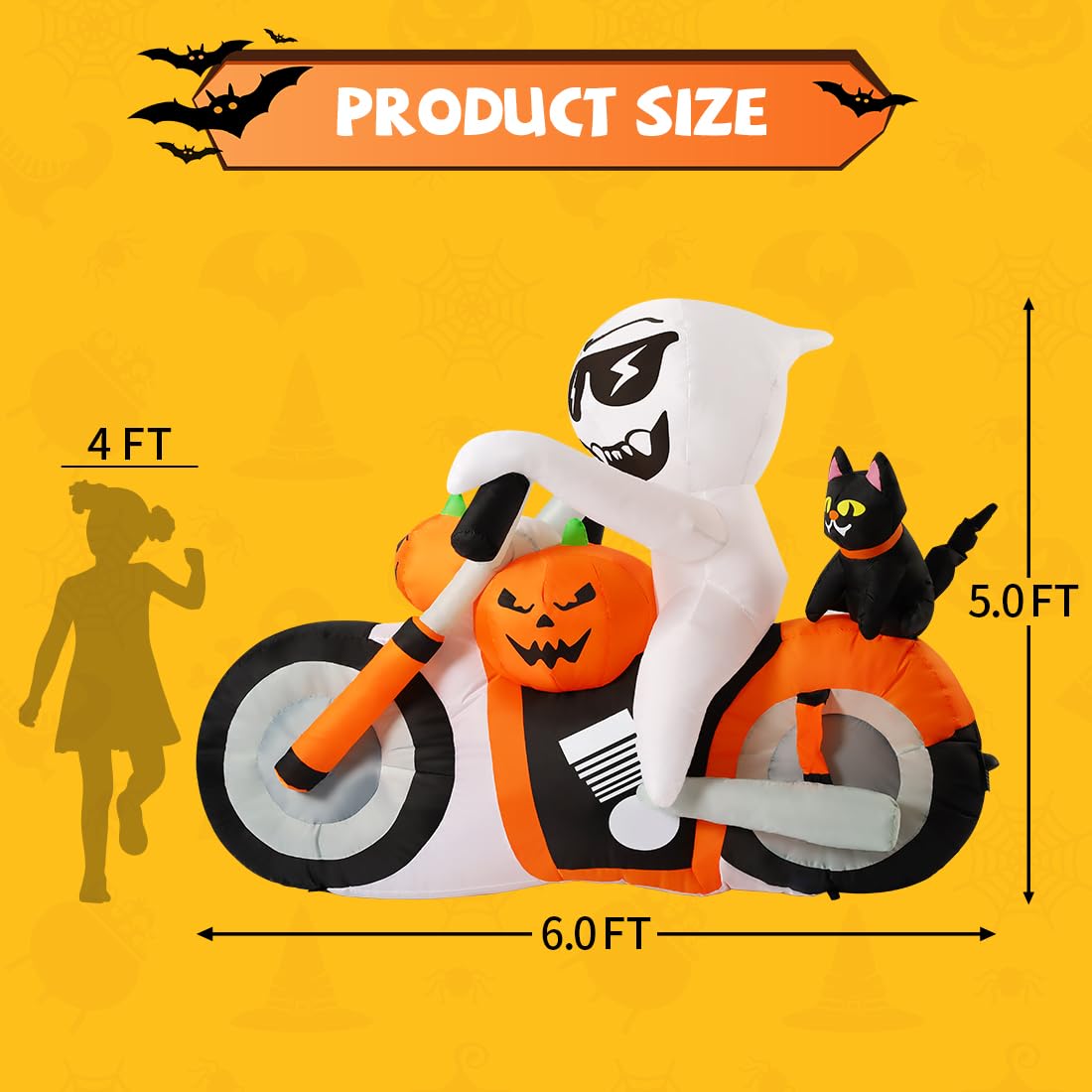 6 FT Halloween Inflatables Ghost Pumpkin Cat Motorcycle with Built-in LEDs B59336