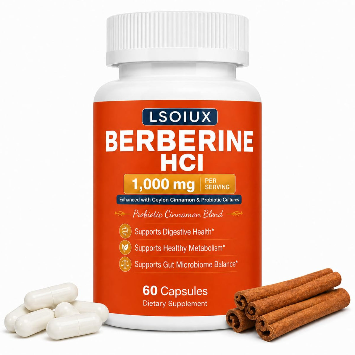 Berberine HCl 1000 mg with Ceylon Cinnamon and Probiotic, 60 Capsules J251