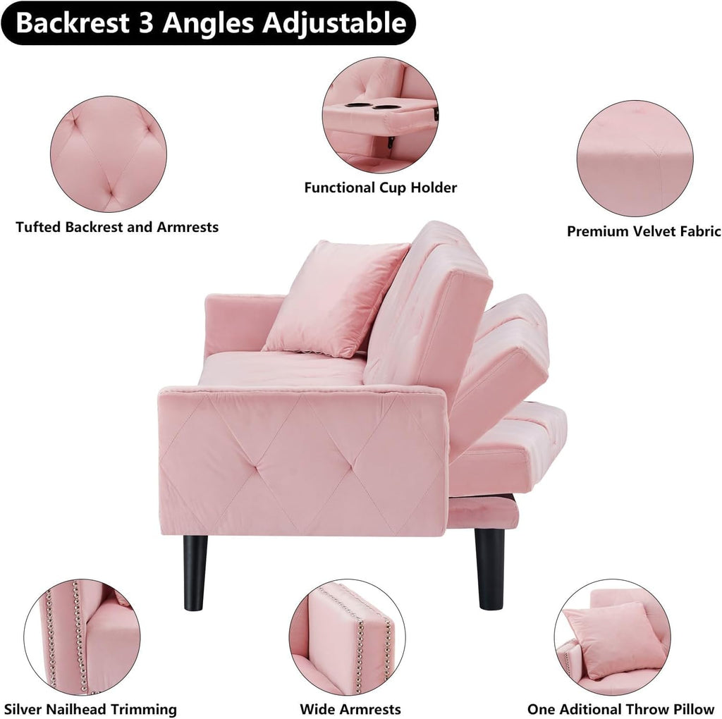 Pink Velvet Futon Couch Bed with Cup Holder B137377
