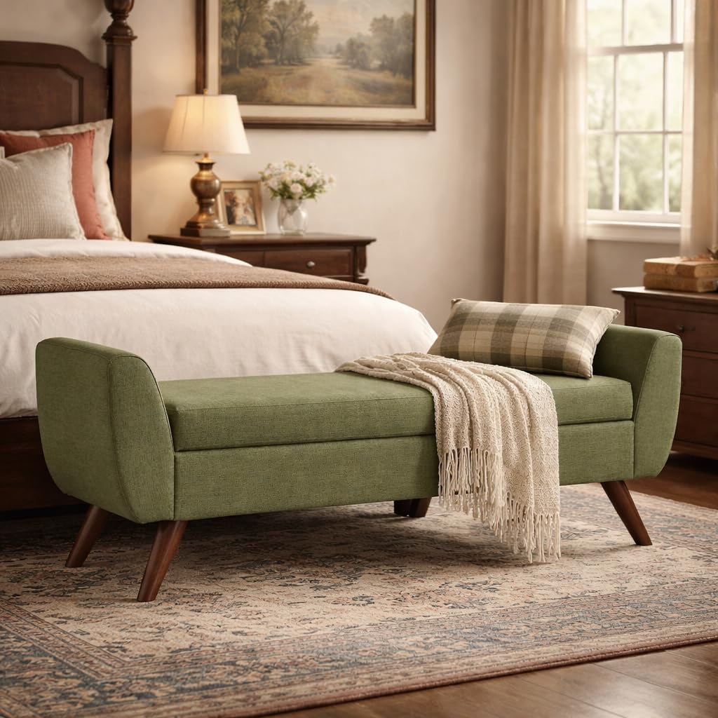 Olive Green Woven Storage Bench with Wood Legs V92757