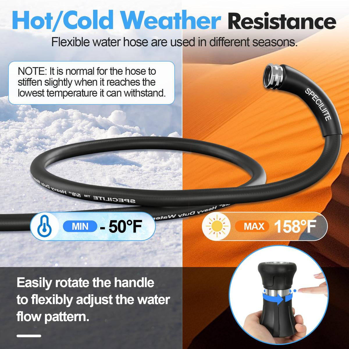 5/8" Hot/Cold Garden Rubber Hose 100 ft with Nozzle P3511