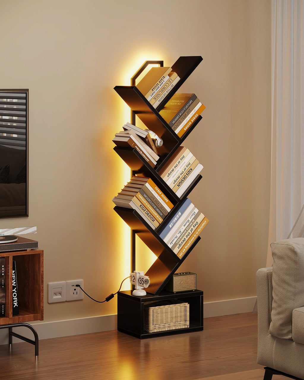 Black 6-Tier Tree Bookshelf with LED Lights R11859