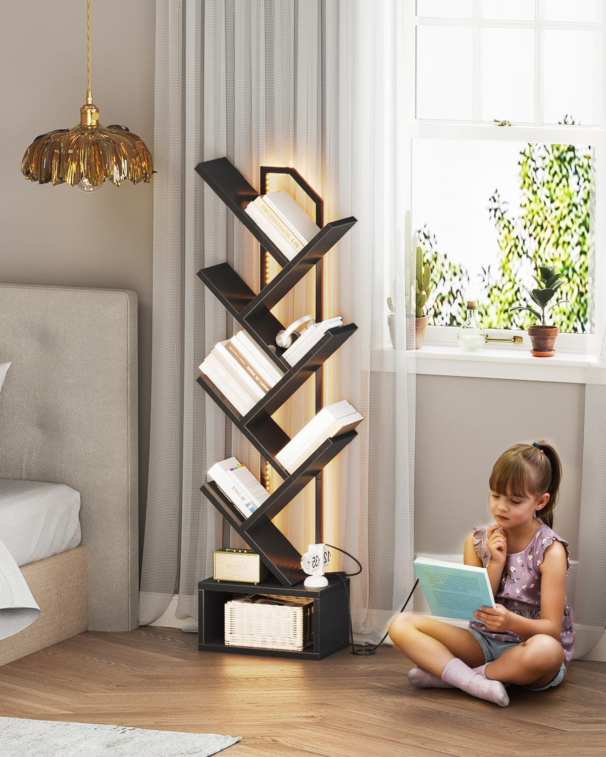 Black 6-Tier Tree Bookshelf with LED Lights R11859