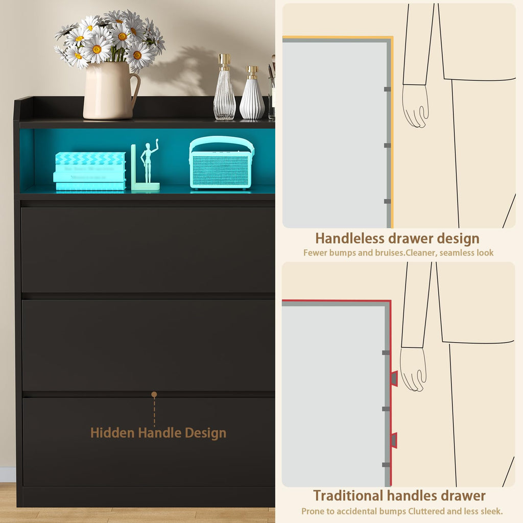 Black Dresser with LED Lights and Power Strip K776369