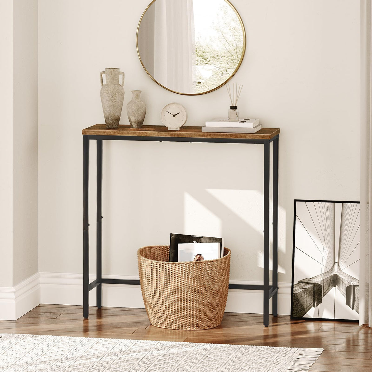 Narrow Console Table, Rustic Brown and Black Y475
