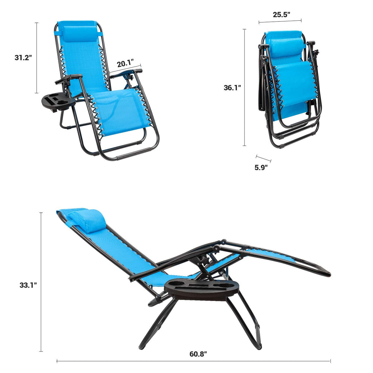 Blue Set of 2 Adjustable Folding Lounge Chair with Pillows and Cup Holders T567564