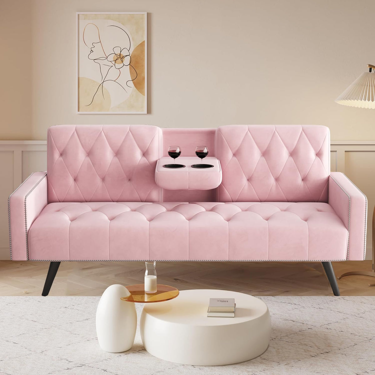 Pink Velvet Futon Couch Bed with Cup Holder B137377