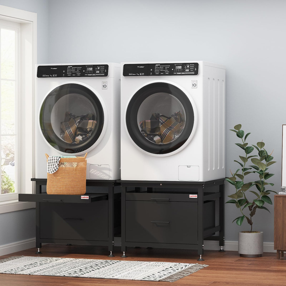 29" Black Metal Washer and Dryer Pedestal with Drawer P55686