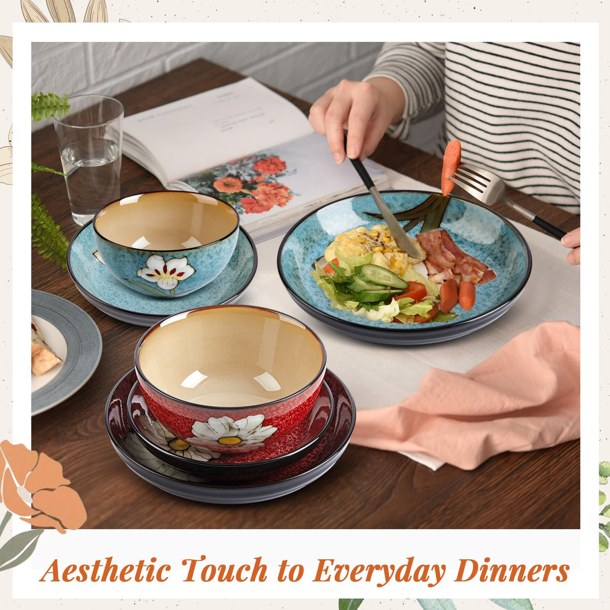 12 Pcs Floral Ceramic Dinnerware Set for 4 I241861