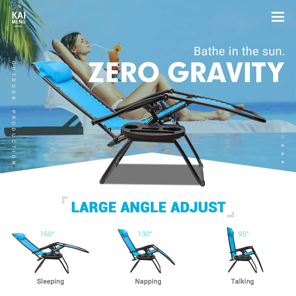 Blue Set of 2 Adjustable Folding Lounge Chair with Pillows and Cup Holders T567564