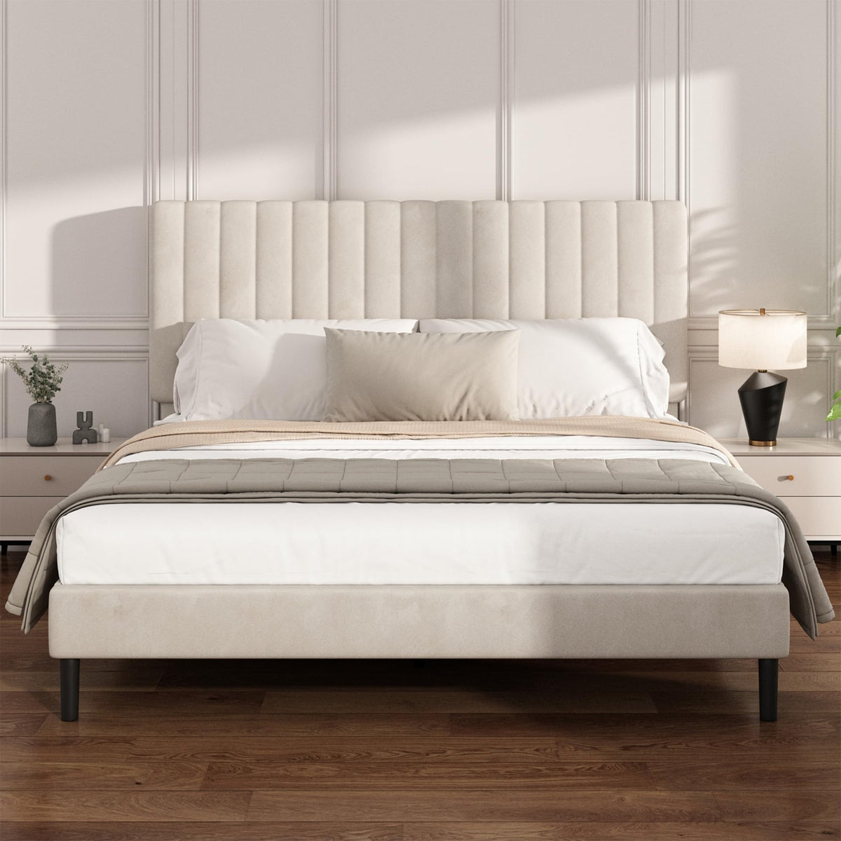 Beige Queen Velvet Bed Frame I42260