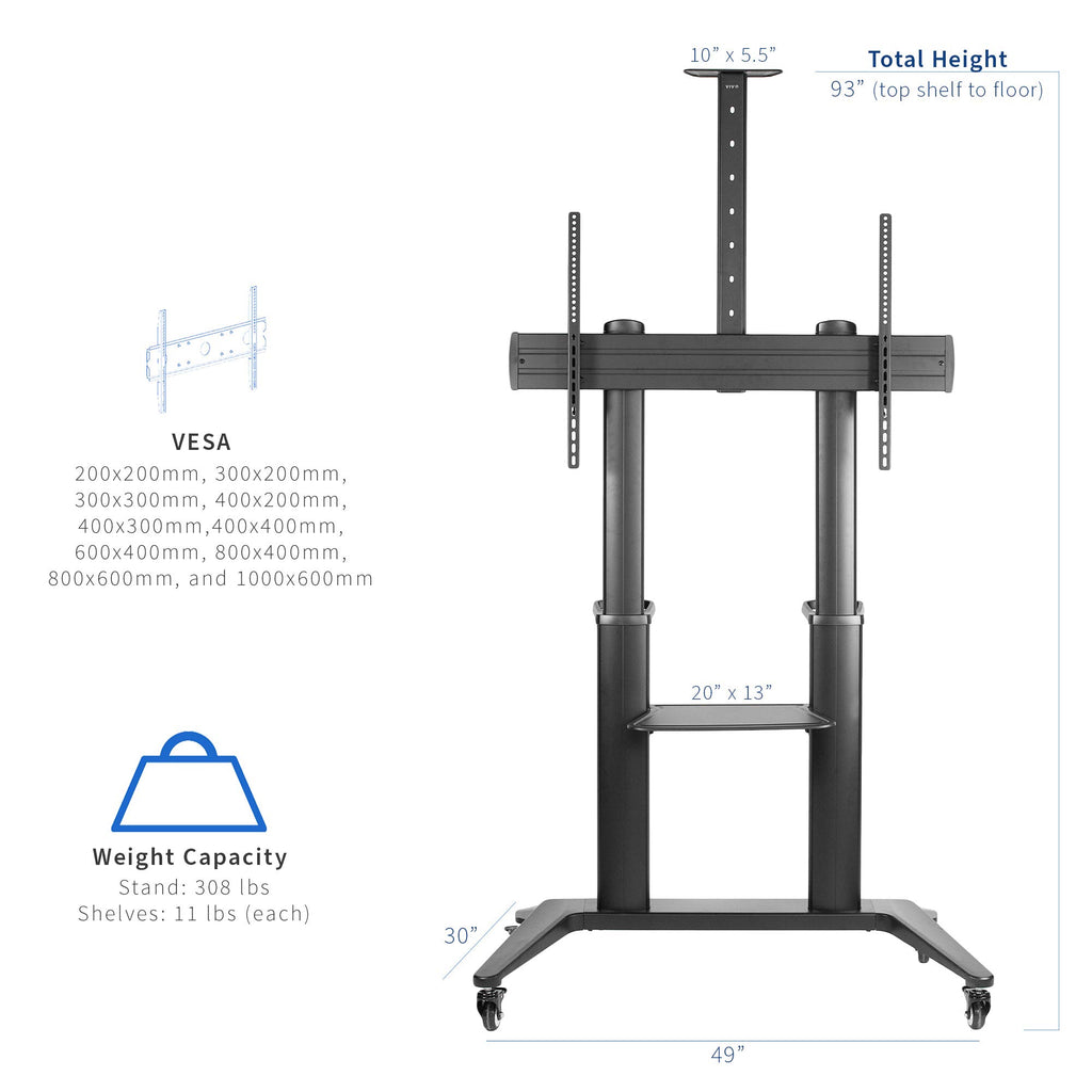 Aluminum Mobile TV Cart for 32 to 120 inch Screens up to 308 lbs, Black Q65211
