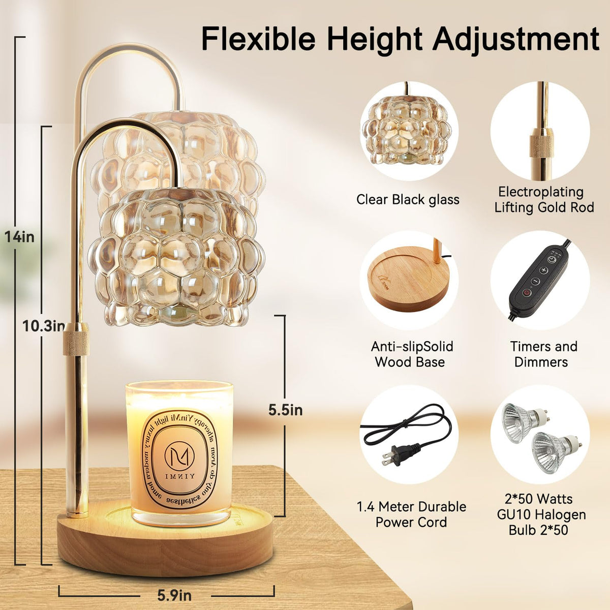 Candle Warmer Lamp with Timer Adjustable Height Dimmer Vintage Glass G33546
