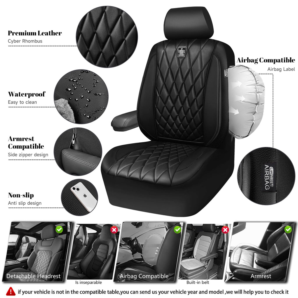 5 Seats Faux Leather Seat Covers Full Set Pure Black Q812
