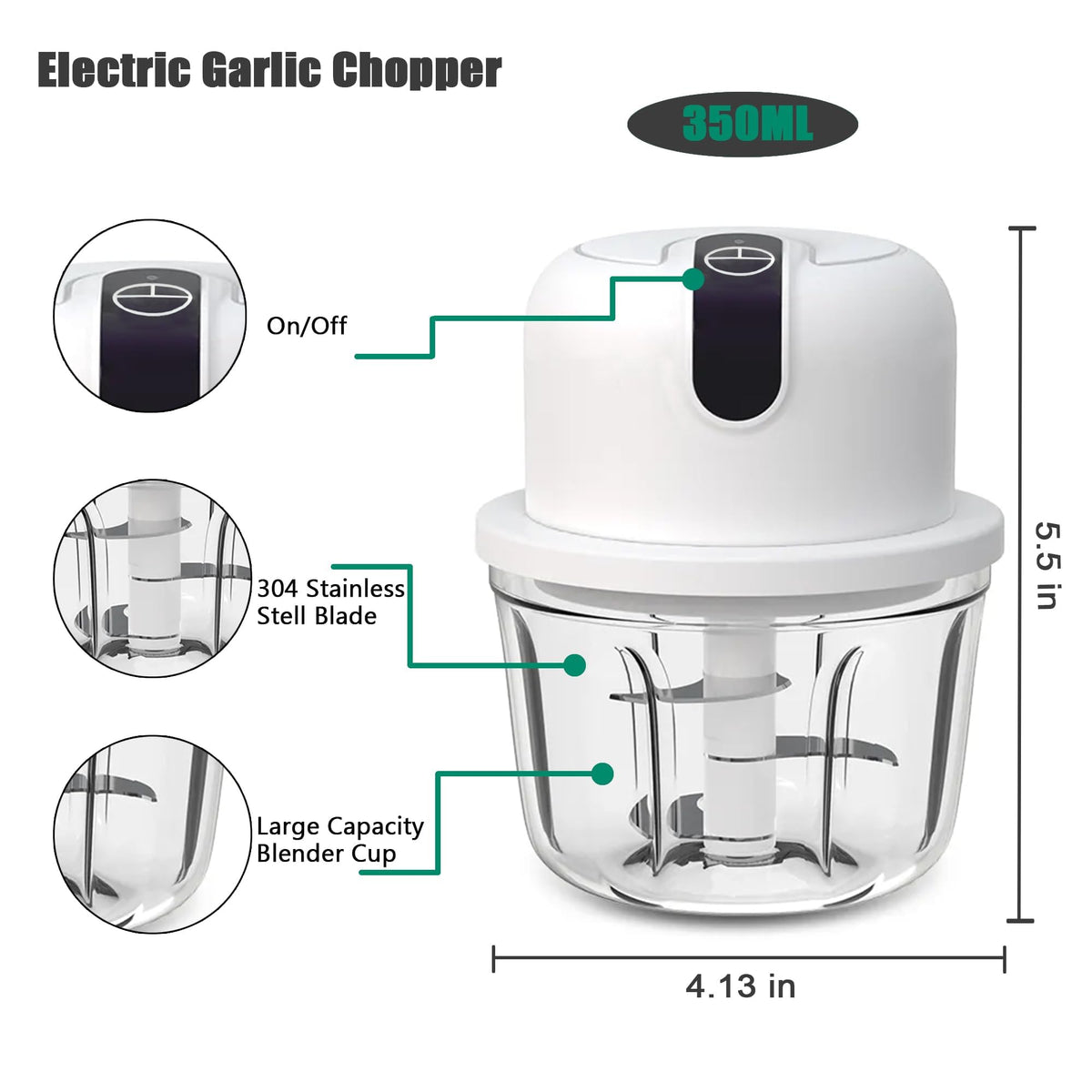 White 3 Cup USB Rechargeable Portable Electric Garlic Crusher J840094