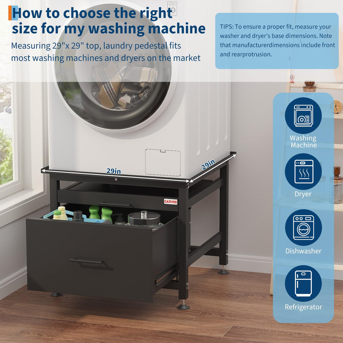 29" Black Metal Washer and Dryer Pedestal with Drawer P55686
