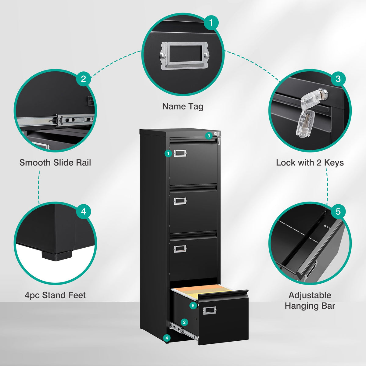 4 Drawer Black Metal File Cabinet with Lock N7896