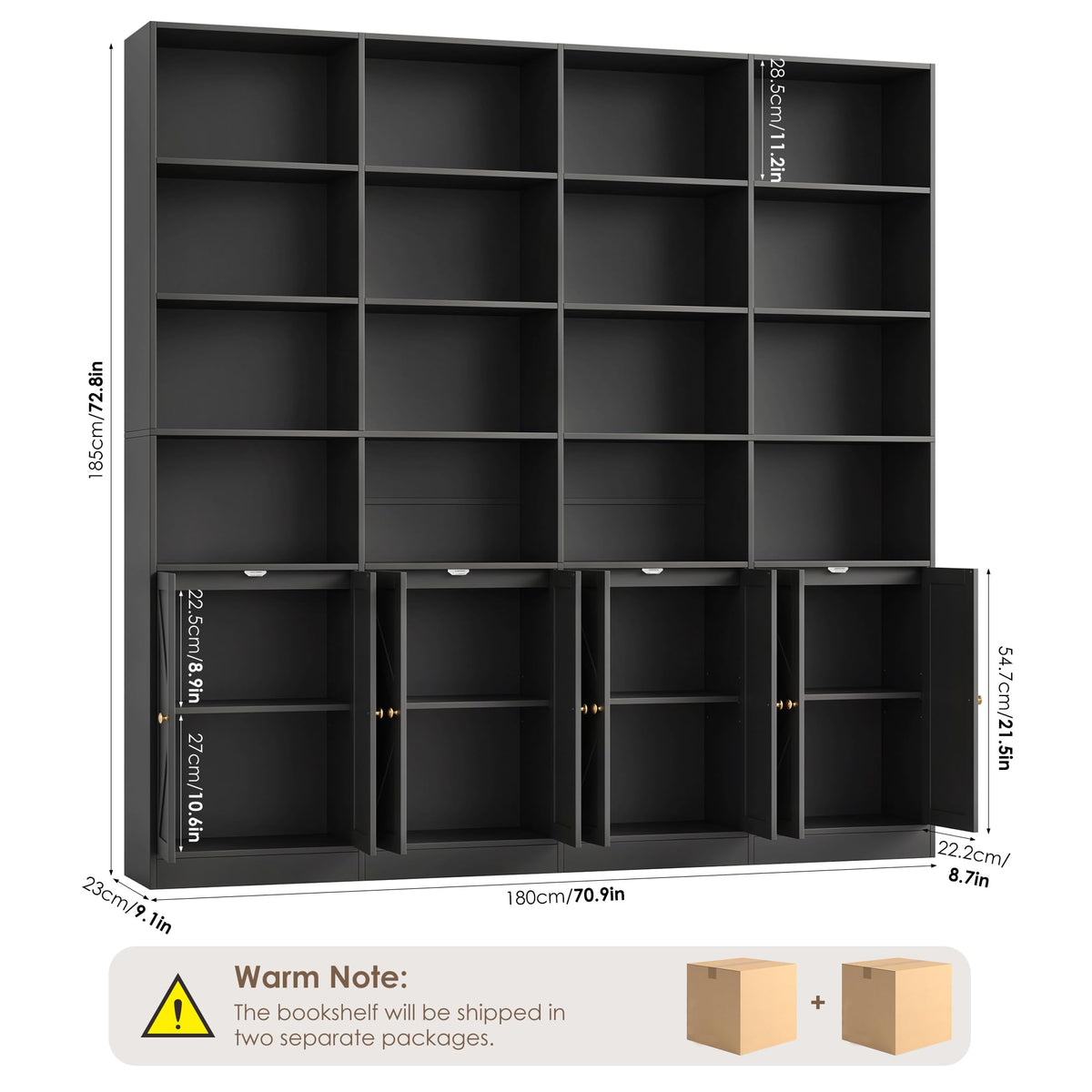 72.8" Black Bookshelf with 8 Doors A5933
