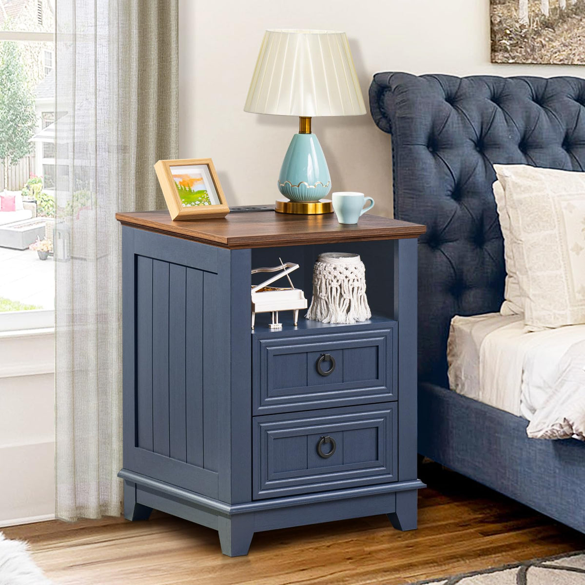 18" Blue Wooden Nightstand Set of 2 with Charging Station Q36707