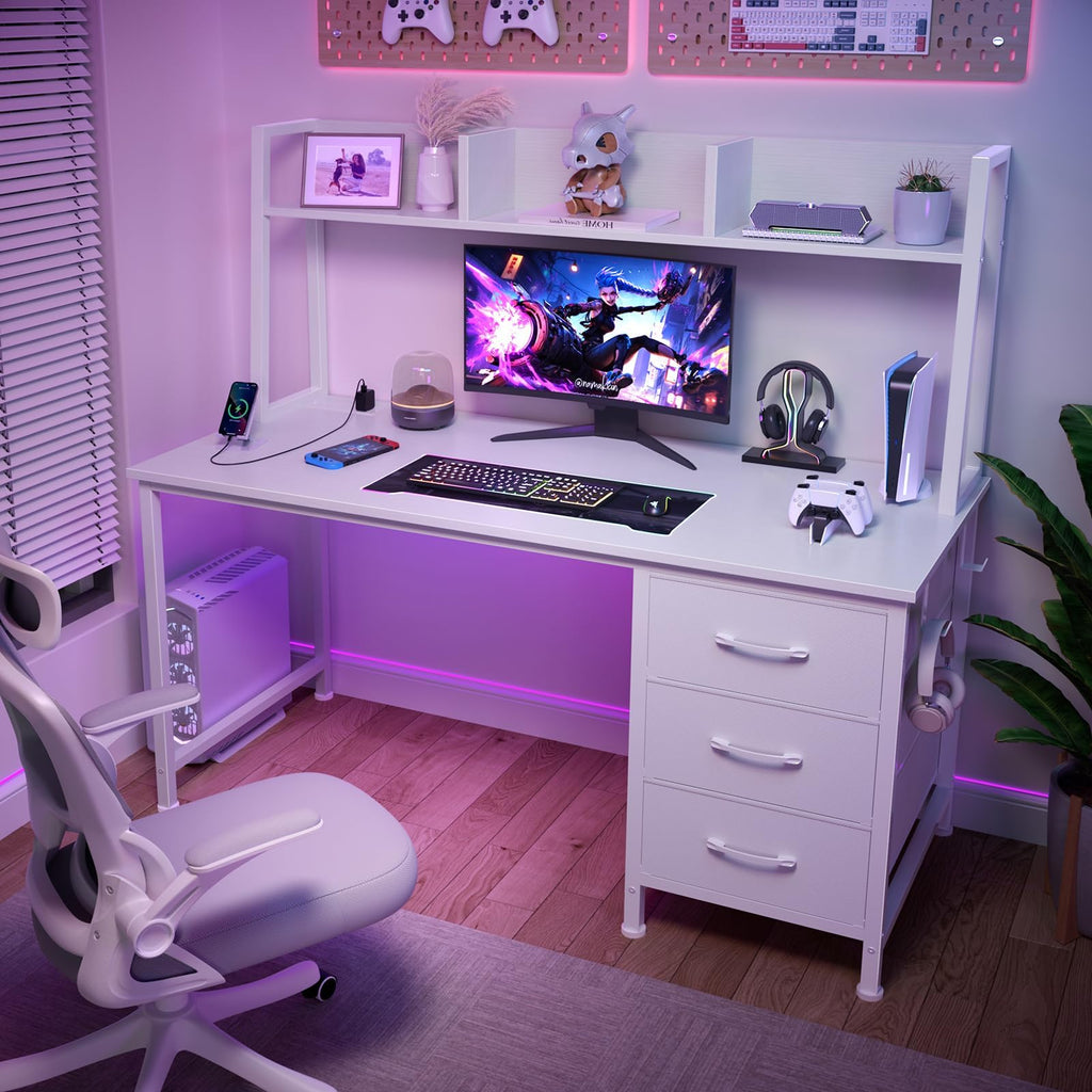 White Computer Desk with Hutch & Drawers 47 Inch R872