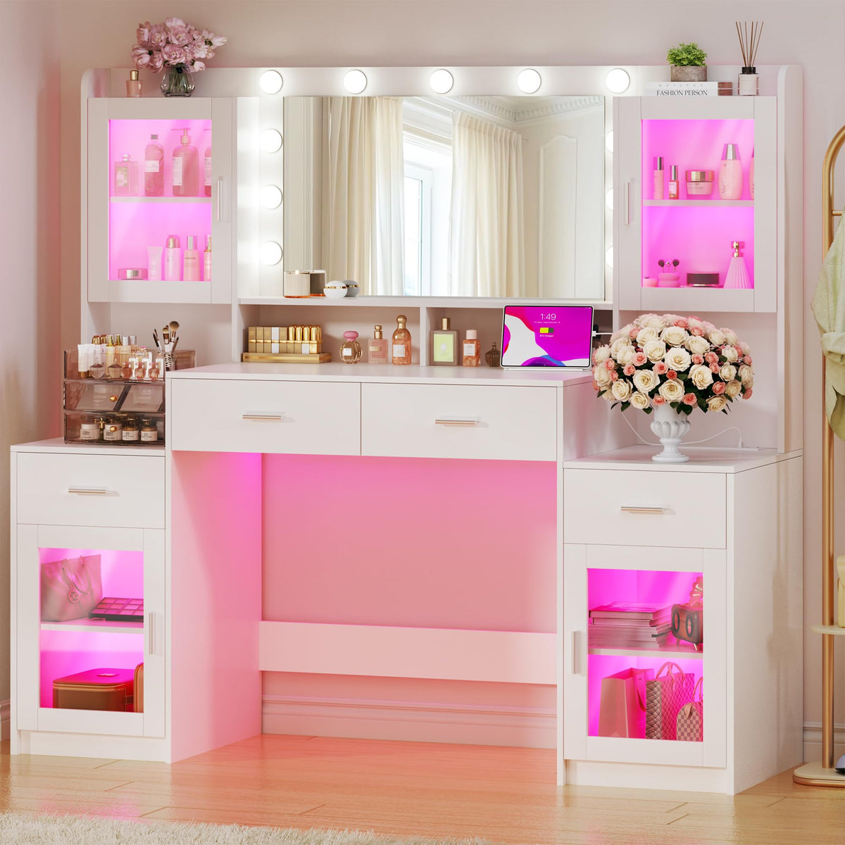 Large White Vanity Desk with Mirror and Lights C953