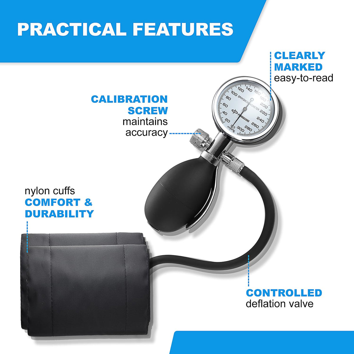 Aneroid Sphygmomanometer and Blood Pressure Cuff Set with 5 Sized Nylon Cuffs X6998