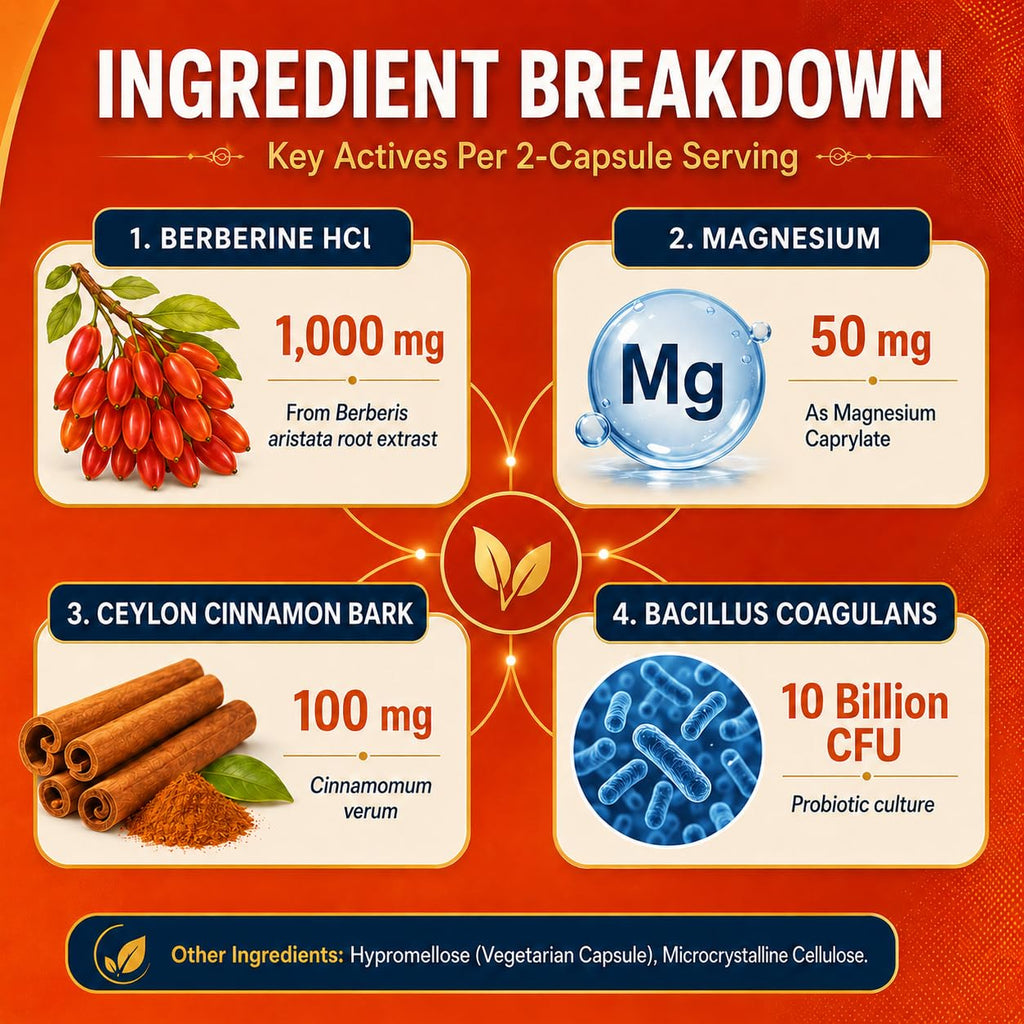 Berberine HCl 1000 mg with Ceylon Cinnamon and Probiotic, 60 Capsules J251