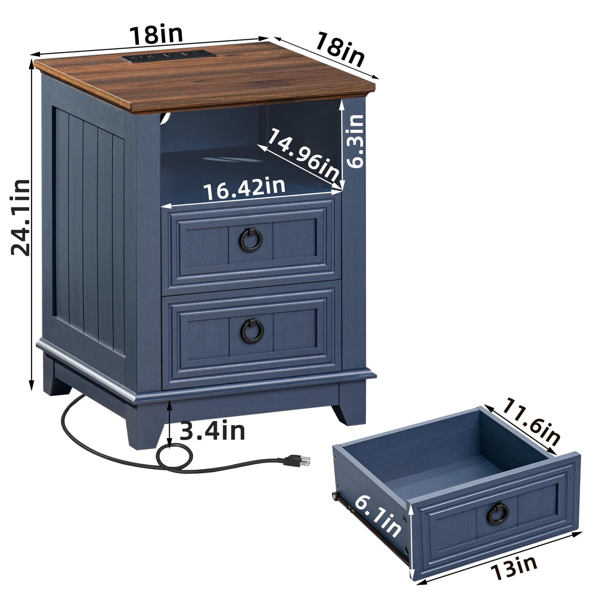 18" Blue Wooden Nightstand Set of 2 with Charging Station Q36707
