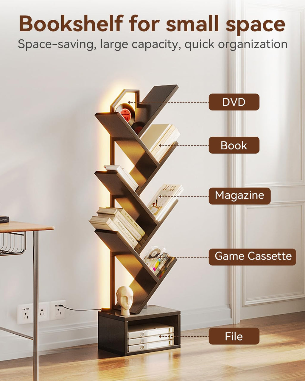 Black 6-Tier Tree Bookshelf with LED Lights R11859