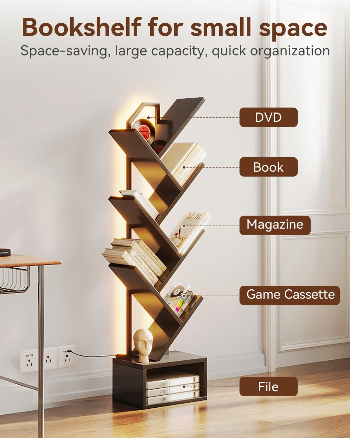 Black 6-Tier Tree Bookshelf with LED Lights R11859