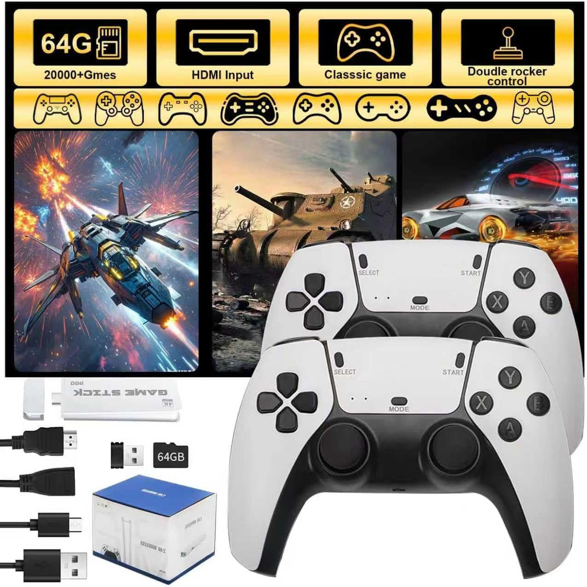 Retro Game Stick Console with 4K HDMI Output, 64GB Memory Card, and 2.4GHz Wireless Controllers F671708