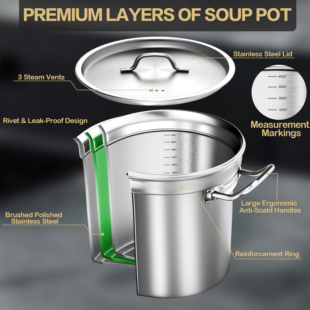 40QT Stainless Steel Stockpot with Lid L298